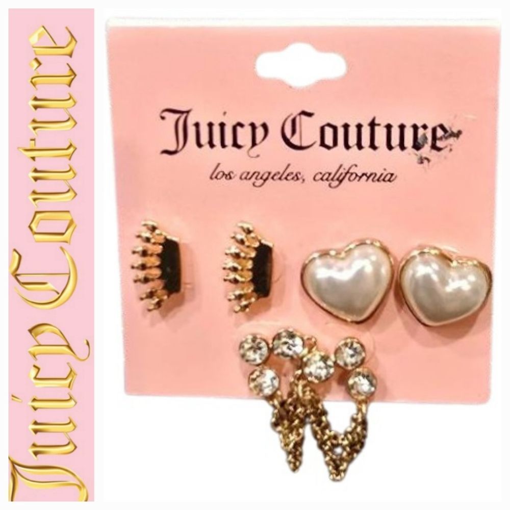 Juicy Couture Heart, Crown Stud,  & Rhinestone Drop Earrings Set